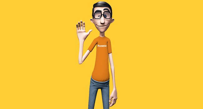 O post é uma montagem. Em fundo amarelo, temos Hugo, intérprete virtual do site da Pompéia. Ele está usando calça jeans e camiseta laranja.