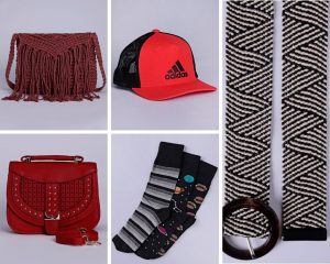 A foto é montagem com 5 imagens, de acessórios. 2 bolsas femininas, um bonê, um kit de meias masculino e um conto feminino.