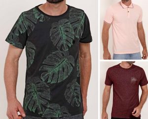 A imagem é uma montagem de 3 fotos de camisetas e polos masculinas.