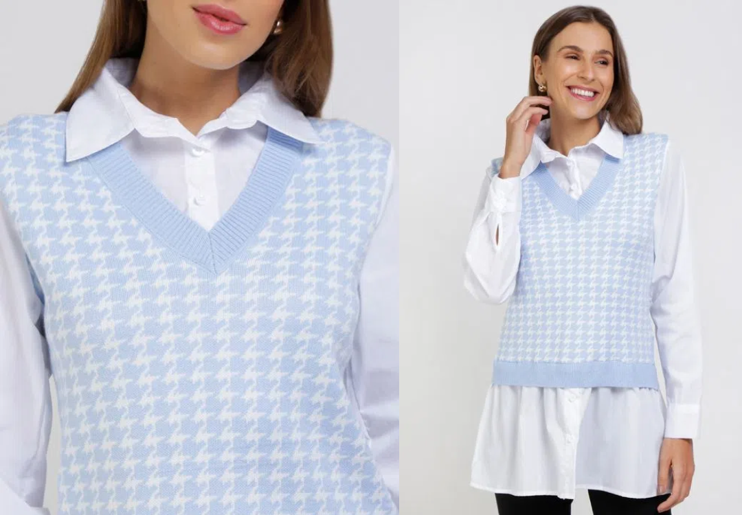 look preppy com camisa branca com colarinho e colete branco e azul pastel