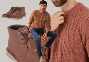 Botina Couro Marrom, Blusão de Tricot Marrom e Calça Jeans Azul é uma opção da moda masculina para um look casual para trabalho