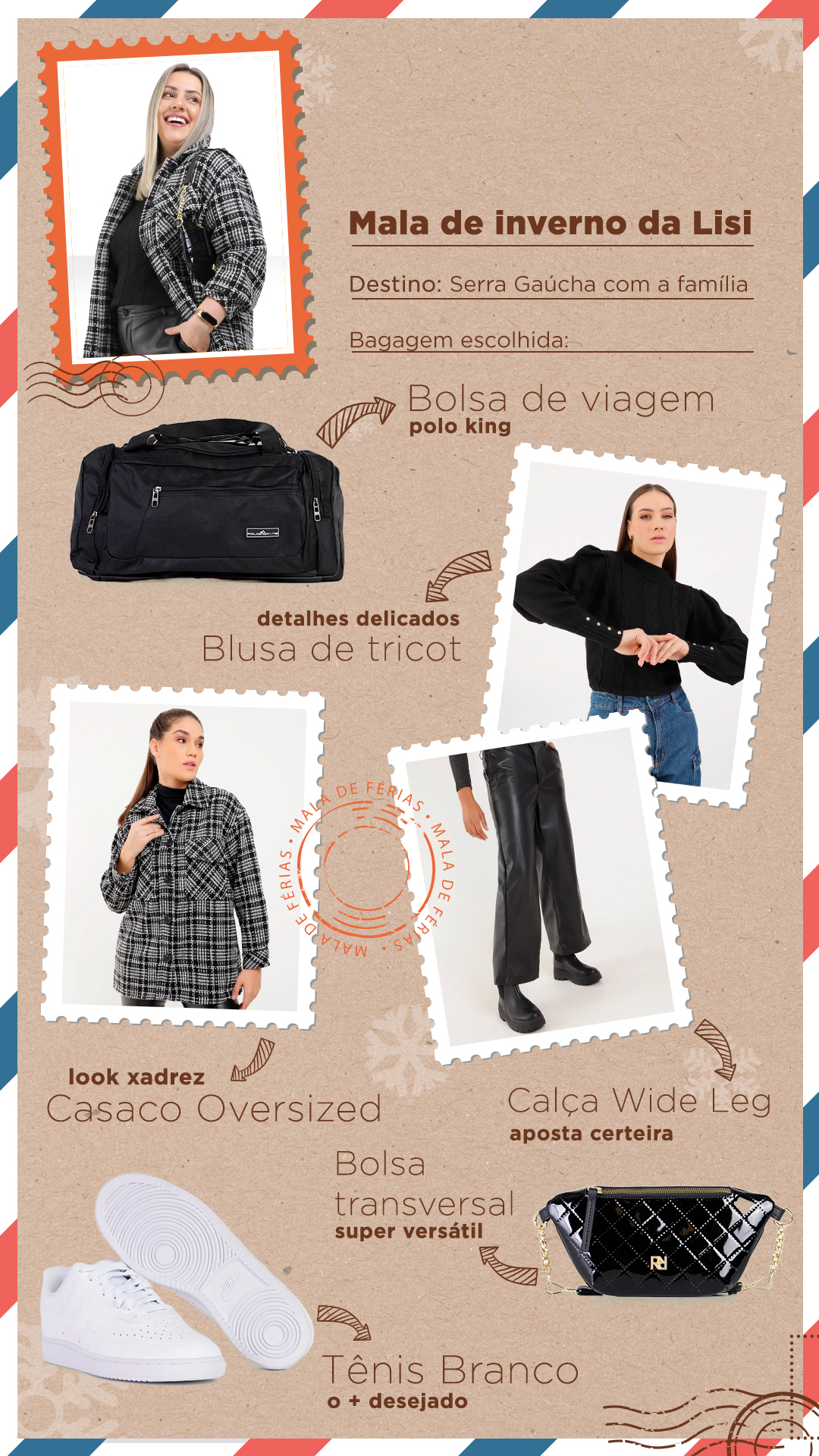 Escolhas da mala de viagem de invero da Lisi da Lojas Pompéia: Bolsa de viagem Polo King, Blusa de Tricot preto, Casaco Oversized, Casa Wide Leg Sintética Preta, Tênis Branco e Calça Bolsa Transversal