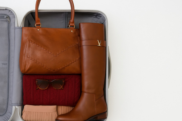 mala de viagem com bota, bolsa e roupa